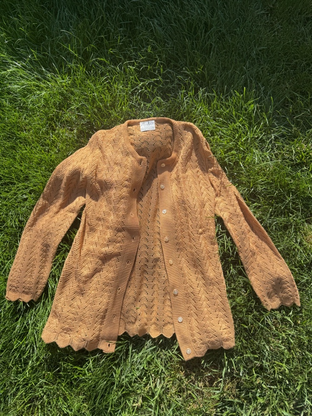 Vintage Chris Ann originals (80s) Openwork Button-Front Cardigan in Warm Tan.